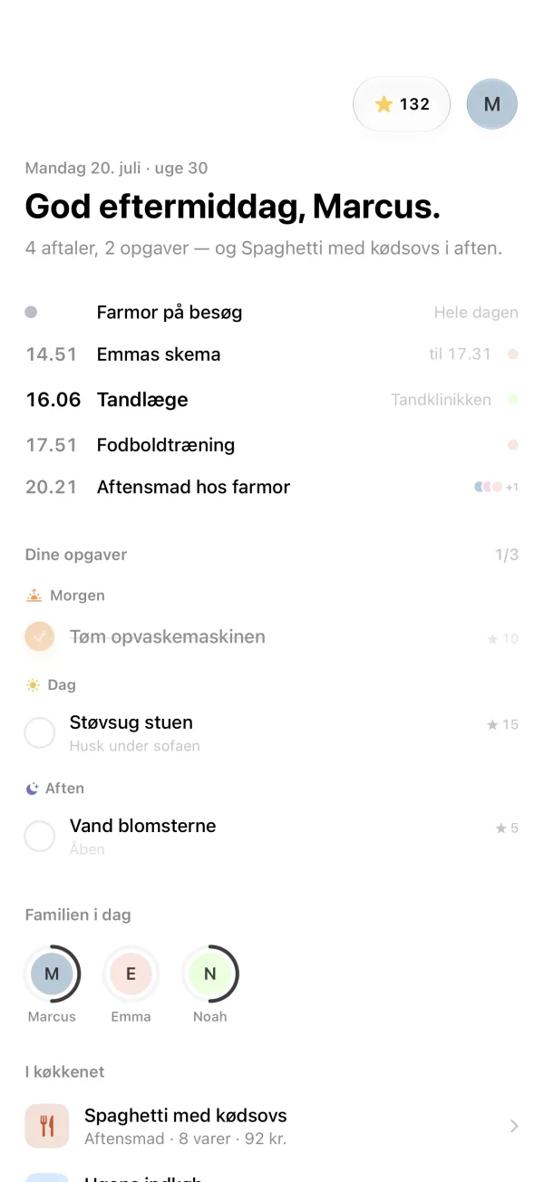 Forsiden: God eftermiddag, Marcus, med dagens aftaler, opgaver og familien i dag.