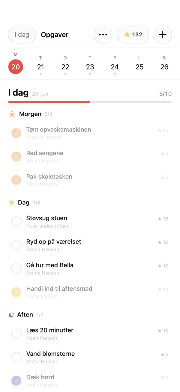 Opgaver fordelt på morgen, dag og aften, med stjerner for hver opgave.